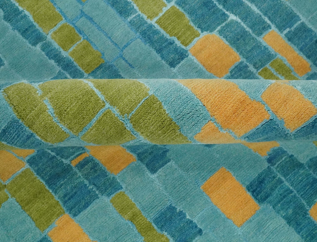 Teal, Gold and Mustard Modern Geometrical Bricks Design 5.6x7.6 wool and art silk Rug - The Rug Decor