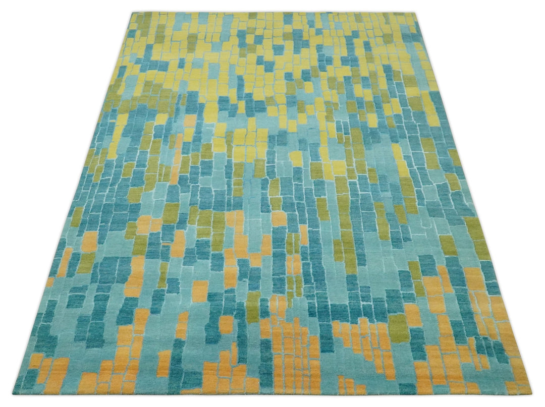 Teal, Gold and Mustard Modern Geometrical Bricks Design 5.6x7.6 wool and art silk Rug - The Rug Decor