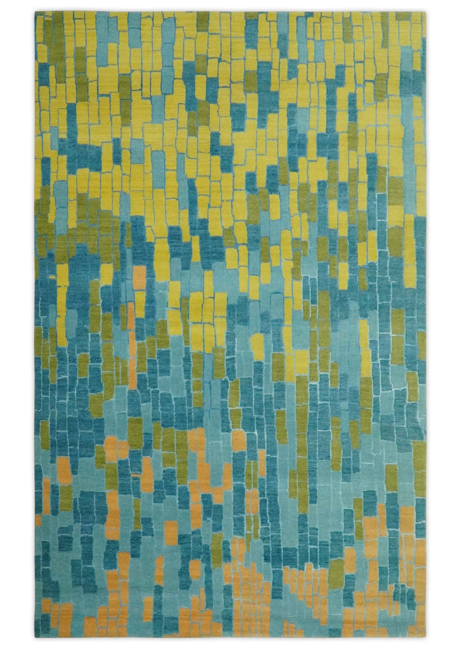 Teal, Gold and Mustard Modern Geometrical Bricks Design 5.6x7.6 wool and art silk Rug - The Rug Decor