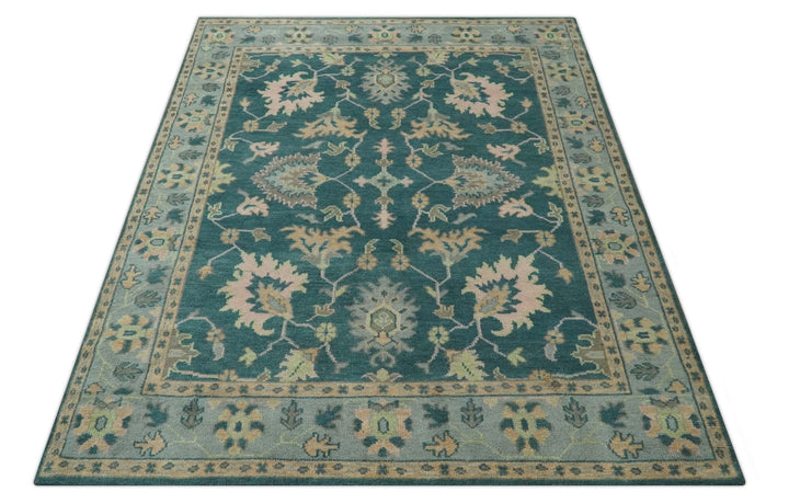 Teal, Gray and Beige Hand Knotted Traditional Oushak Custom Made wool Area Rug - The Rug Decor
