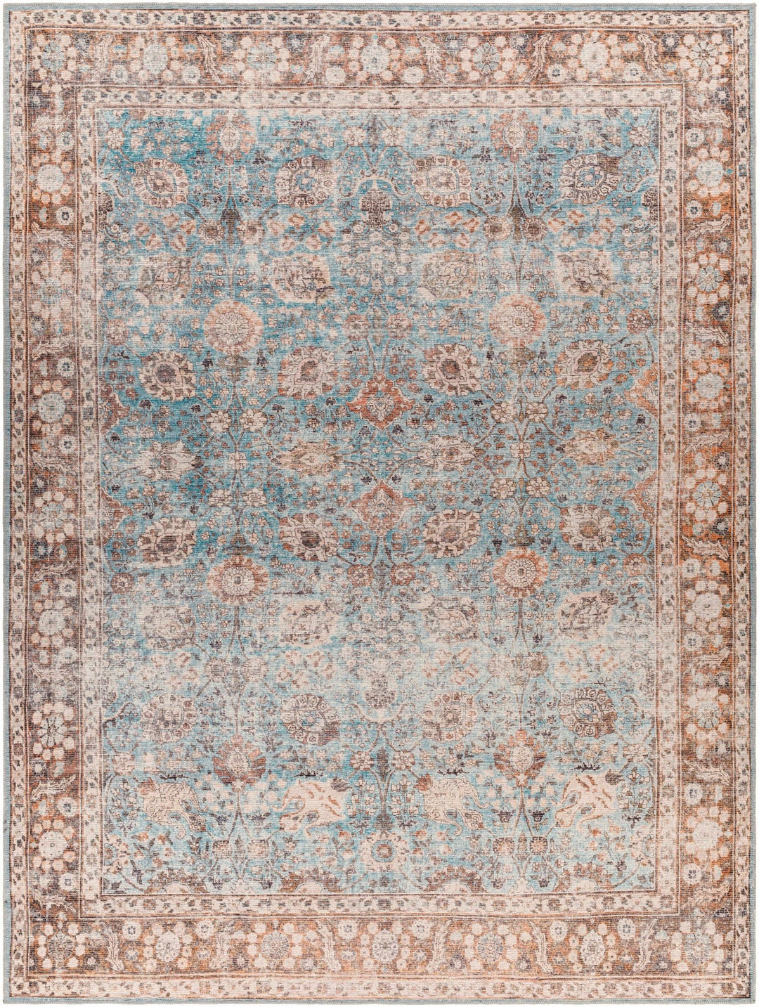 Teal, Rust and Peach Antique Vintage Style Washable Area Rug - The Rug Decor