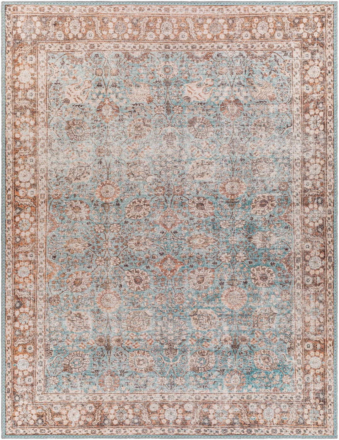 Teal, Rust and Peach Antique Vintage Style Washable Area Rug - The Rug Decor