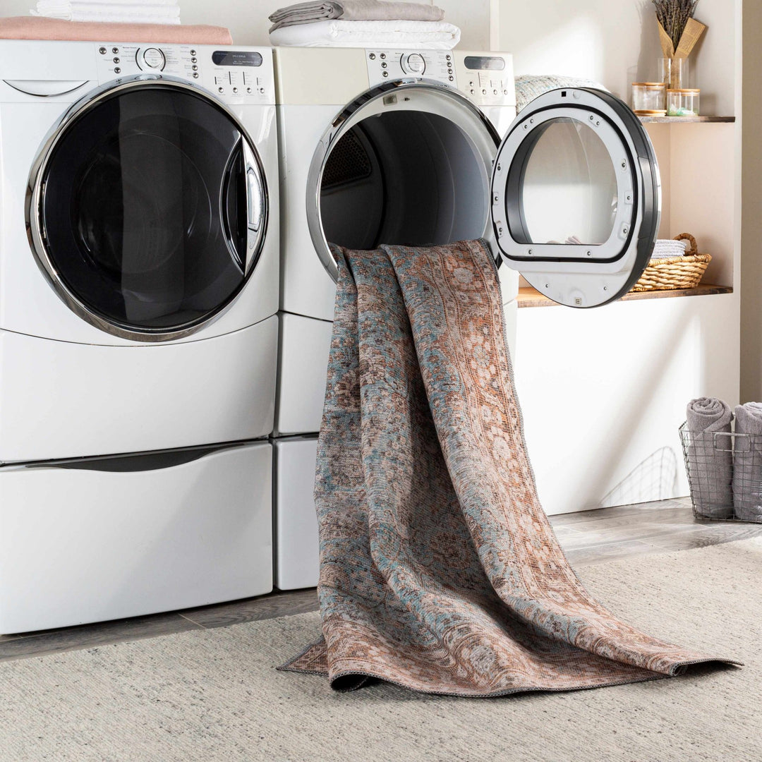 Teal, Rust and Peach Antique Vintage Style Washable Area Rug - The Rug Decor