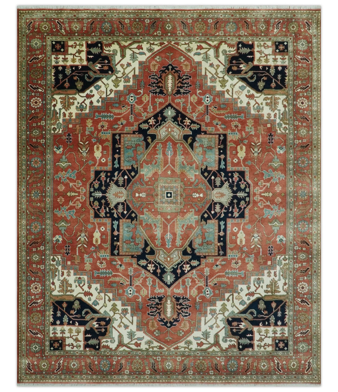 Traditional 9.11x13.8 Hand knotted Premium Fine Brown, Black and Ivory wool Area Rug - The Rug Decor