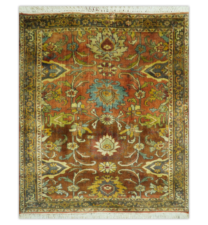 Traditional Antique Turkish Design Rust And Blue Hand Knotted 4x5 Wool Area Rug - The Rug Decor