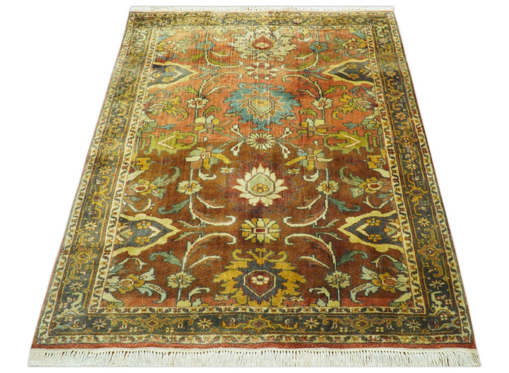 Traditional Antique Turkish Design Rust And Blue Hand Knotted 4x5 Wool Area Rug - The Rug Decor