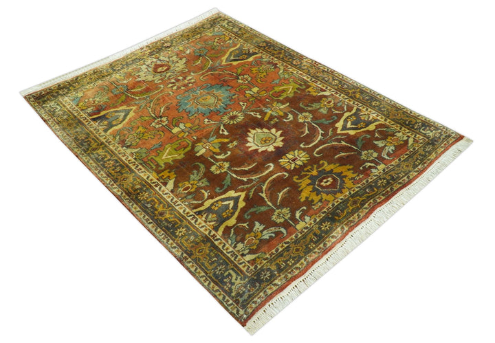 Traditional Antique Turkish Design Rust And Blue Hand Knotted 4x5 Wool Area Rug - The Rug Decor