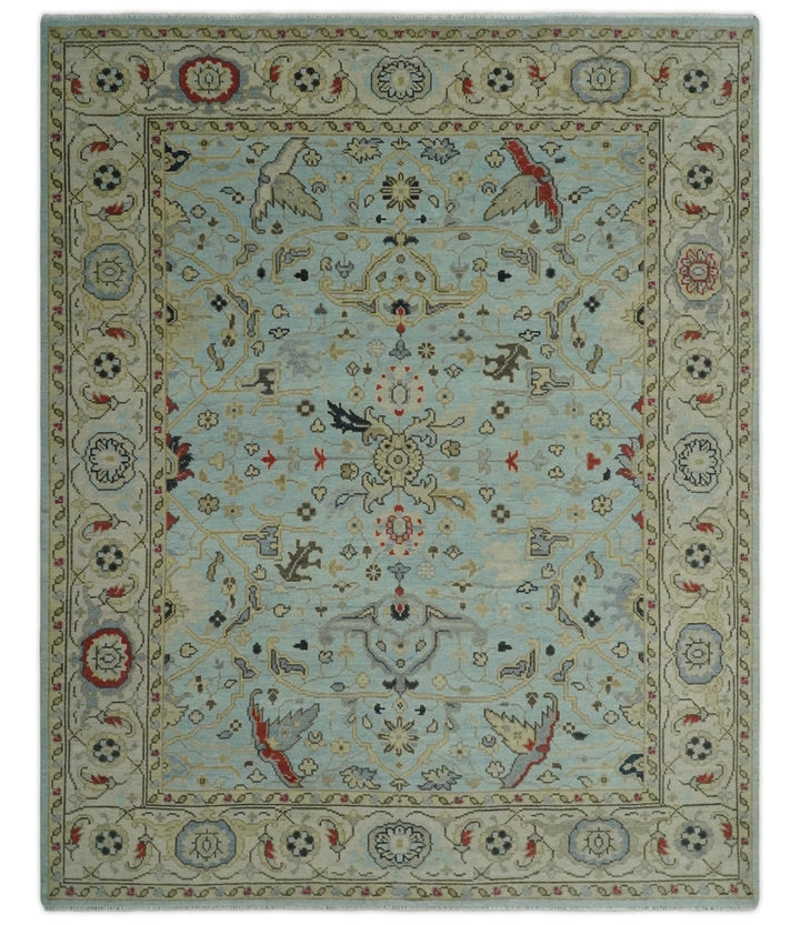Traditional Aqua and Beige Hand knotted Oriental Oushak Custom Made wool Area Rug - The Rug Decor