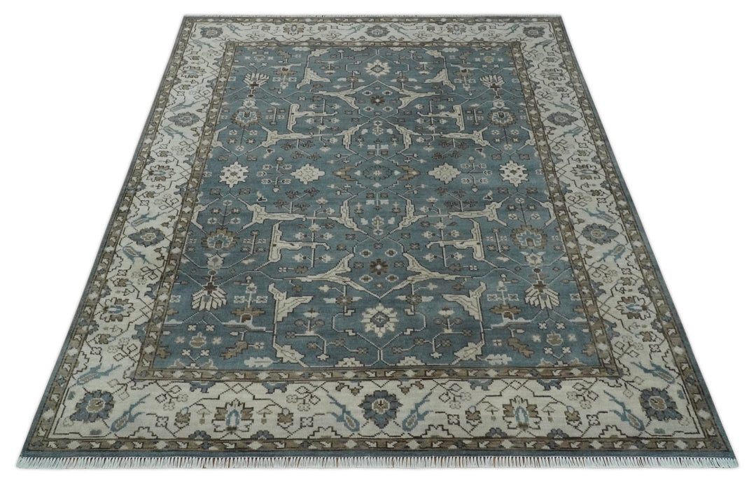 Traditional Blue, Ivory and Brown Oriental Oushak 8x10 wool Area Rug - The Rug Decor