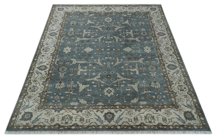 Traditional Blue, Ivory and Brown Oriental Oushak 8x10 wool Area Rug - The Rug Decor