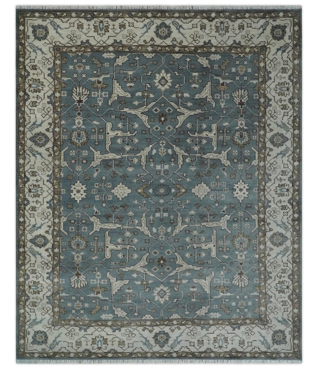 Traditional Blue, Ivory and Brown Oriental Oushak 8x10 wool Area Rug - The Rug Decor