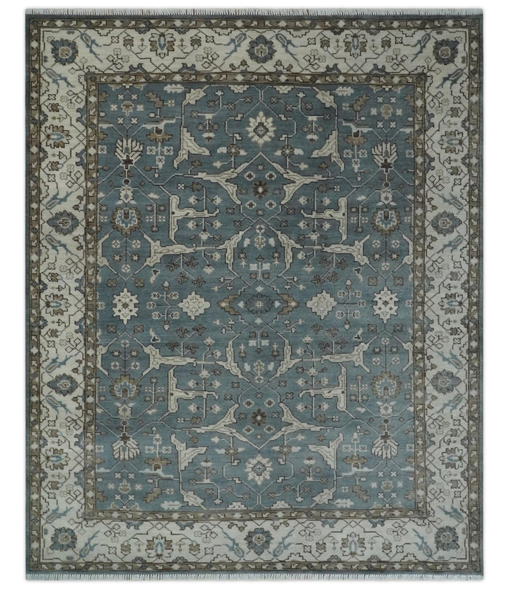 Traditional Blue, Ivory and Brown Oriental Oushak 8x10 wool Area Rug - The Rug Decor