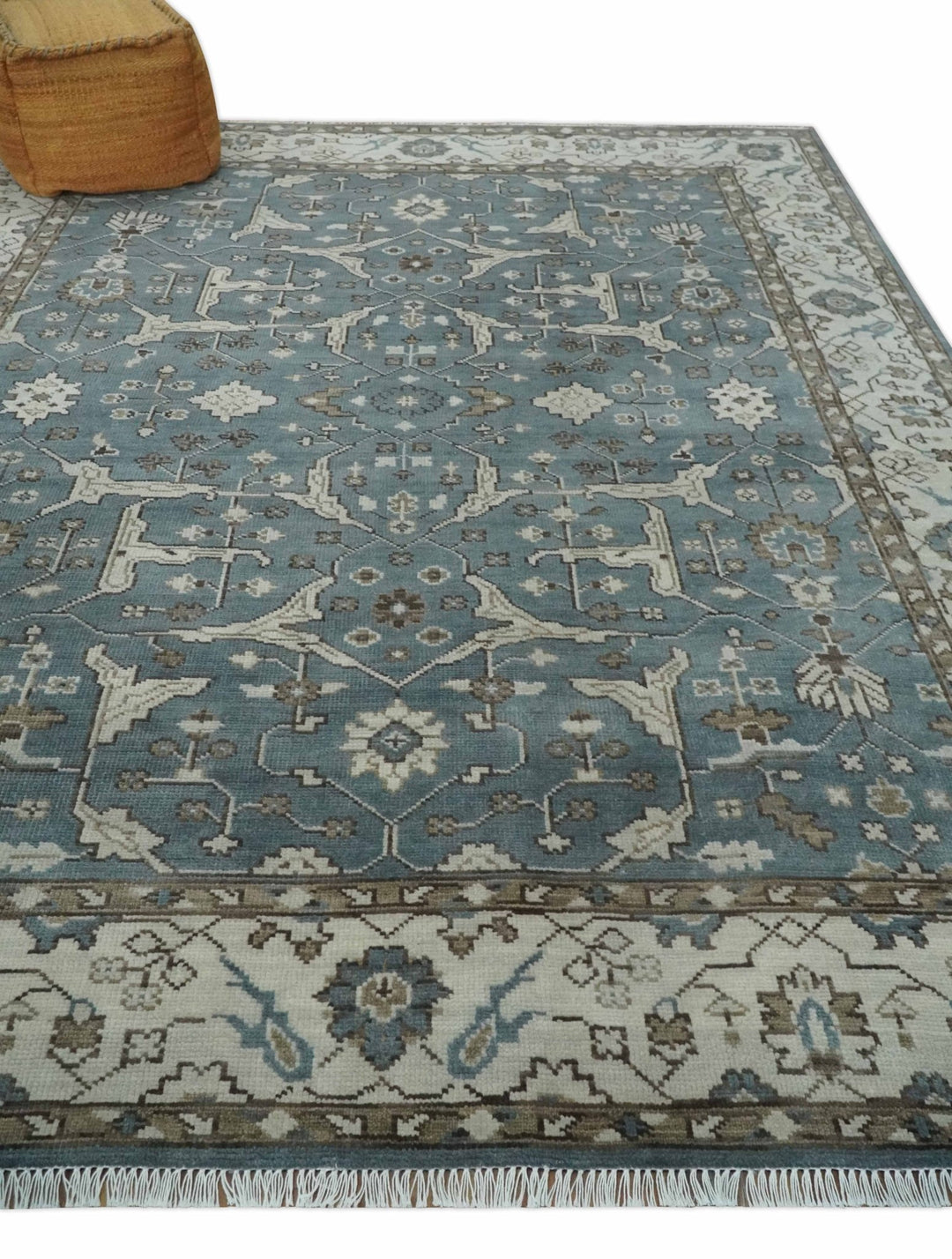 Traditional Blue, Ivory and Brown Oriental Oushak 8x10 wool Area Rug - The Rug Decor