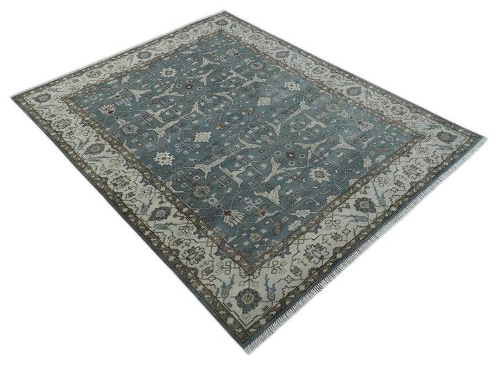 Traditional Blue, Ivory and Brown Oriental Oushak 8x10 wool Area Rug - The Rug Decor