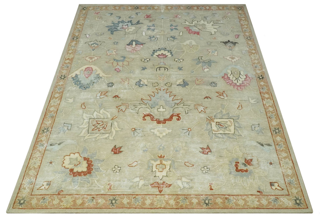 Traditional Floral 8x10 Beige Hand Tufted Oriental distressed wool area rug - The Rug Decor