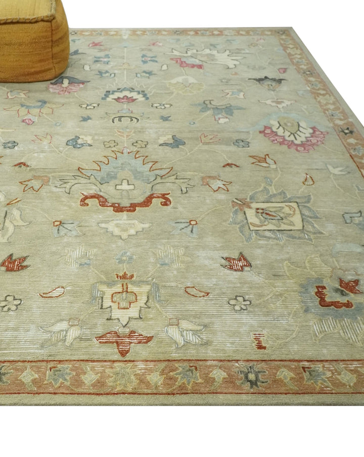 Traditional Floral 8x10 Beige Hand Tufted Oriental distressed wool area rug - The Rug Decor
