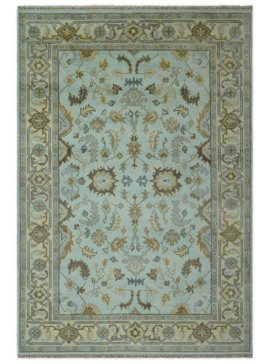Traditional Floral Aqua, Beige and Taupe Hand Knotted 6x9 wool area rug - The Rug Decor