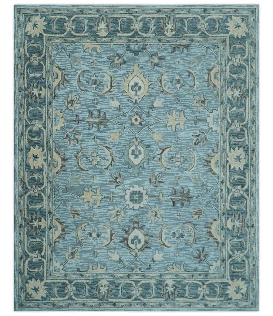 Traditional Floral Aqua, Gray and Beige Hand Tufted Multi size wool area rug - The Rug Decor