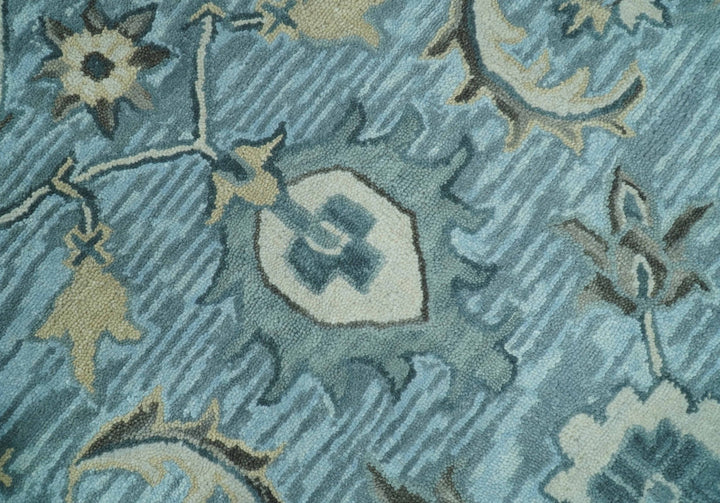 Traditional Floral Aqua, Gray and Beige Hand Tufted Multi size wool area rug - The Rug Decor