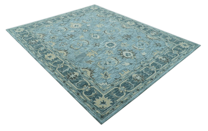 Traditional Floral Aqua, Gray and Beige Hand Tufted Multi size wool area rug - The Rug Decor