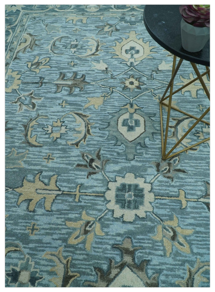 Traditional Floral Aqua, Gray and Beige Hand Tufted Multi size wool area rug - The Rug Decor