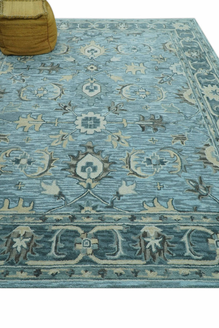 Traditional Floral Aqua, Gray and Beige Hand Tufted Multi size wool area rug - The Rug Decor