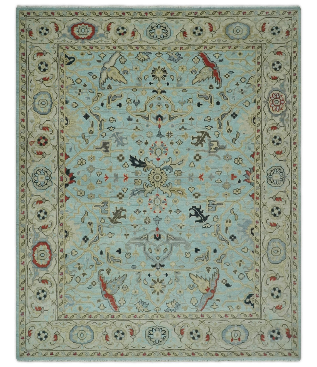 Traditional Floral Aqua, Ivory and Beige Oriental Oushak Multi size wool Area Rug - The Rug Decor