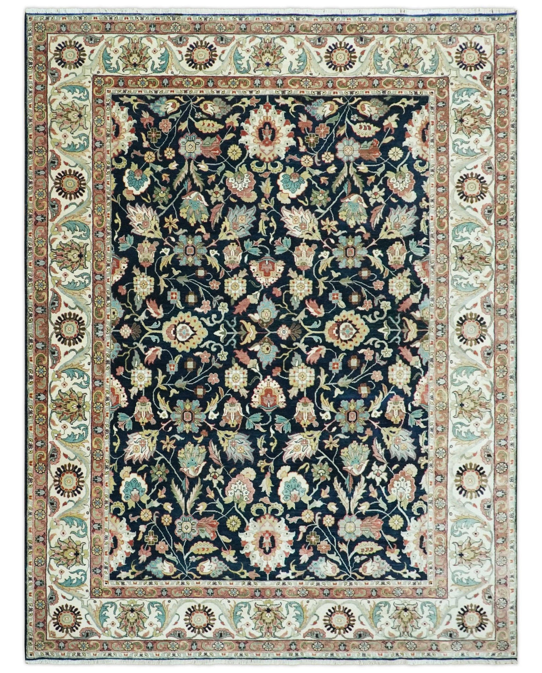 Traditional Floral Blue and Ivory Fine Hand Knotted 9x12 wool area rug - The Rug Decor