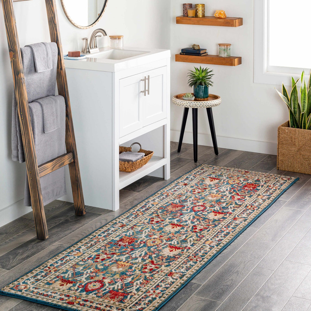 Traditional Floral Blue, Rust and Ivory Oriental Oushak area rug - The Rug Decor