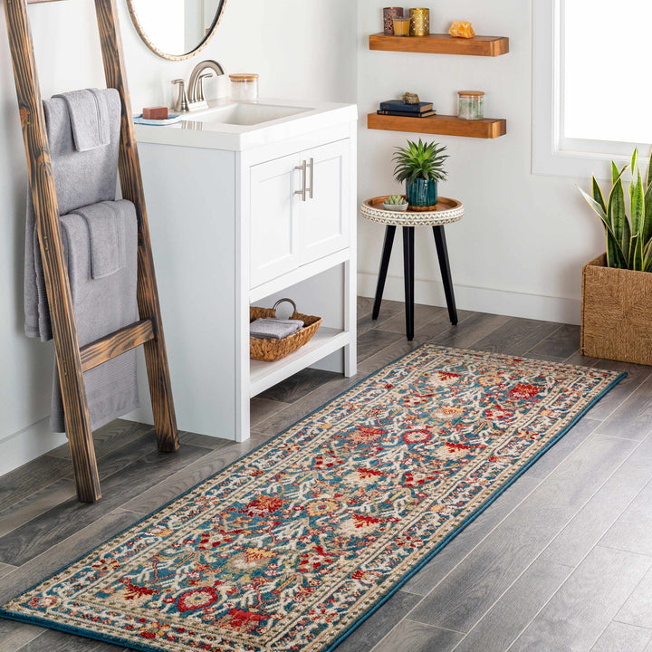 Traditional Floral Blue, Rust and Ivory Oriental Oushak area rug - The Rug Decor