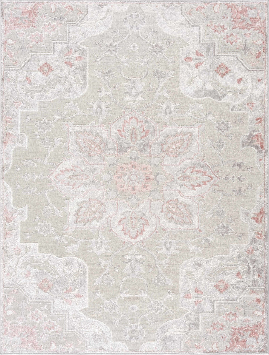 Traditional Floral Medallion Ivory, Silver and Peach Area Rug - The Rug Decor