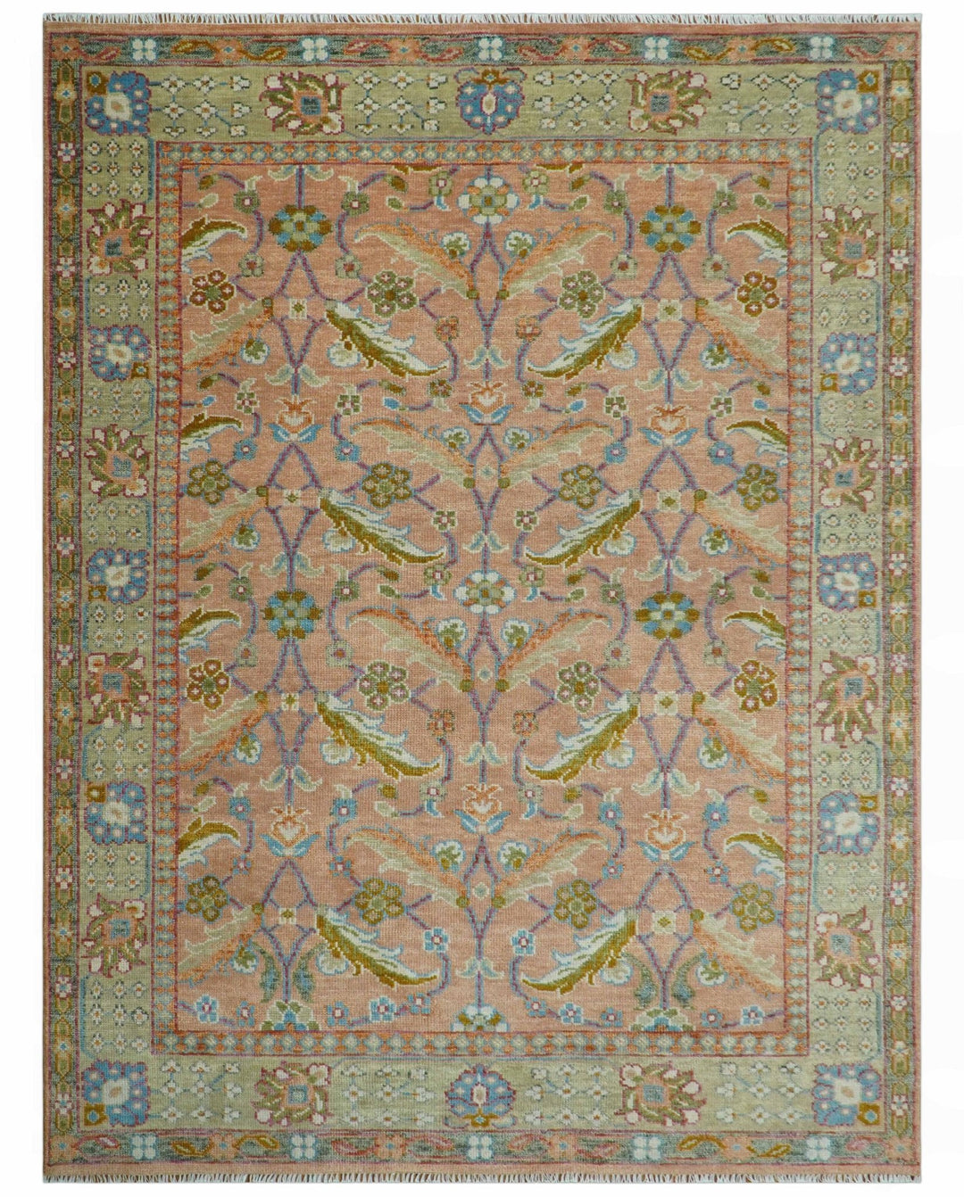 Traditional Floral Peach and Green Hand Knotted Custom Made wool area rug - The Rug Decor