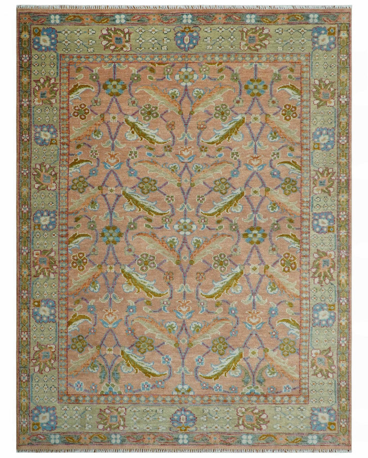 Traditional Floral Peach and Green Hand Knotted Custom Made wool area rug - The Rug Decor