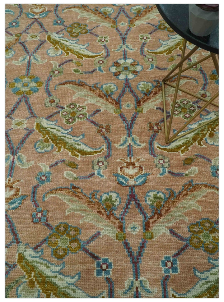 Traditional Floral Peach and Green Hand Knotted Custom Made wool area rug - The Rug Decor