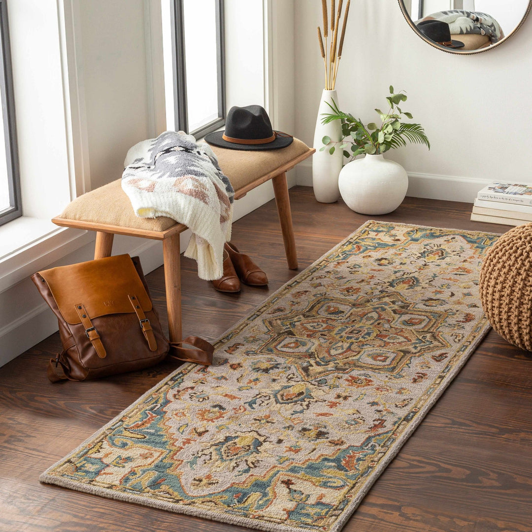 Traditional Floral Peach, Purple Teal and Rust Medallion Hand Tufted wool Area Rug - The Rug Decor
