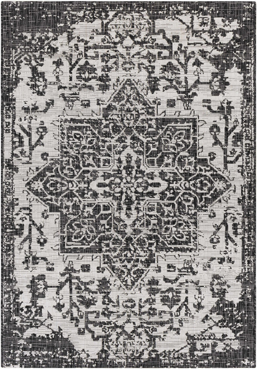 Traditional Heriz Medallion Design Charcoal and Silver Indoor and Outdoor Area Rug - The Rug Decor