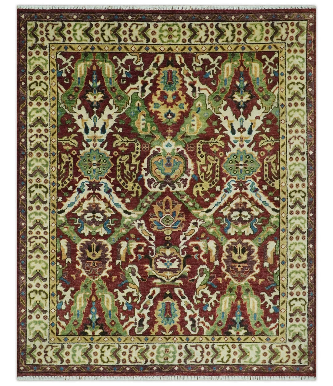 Traditional Large Design Maroon and Green Hand Knotted 8x10 wool area rug - The Rug Decor