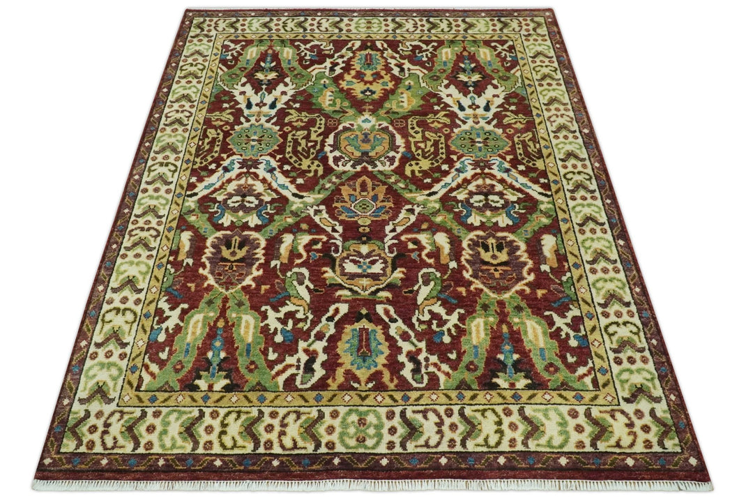 Traditional Large Design Maroon and Green Hand Knotted 8x10 wool area rug - The Rug Decor