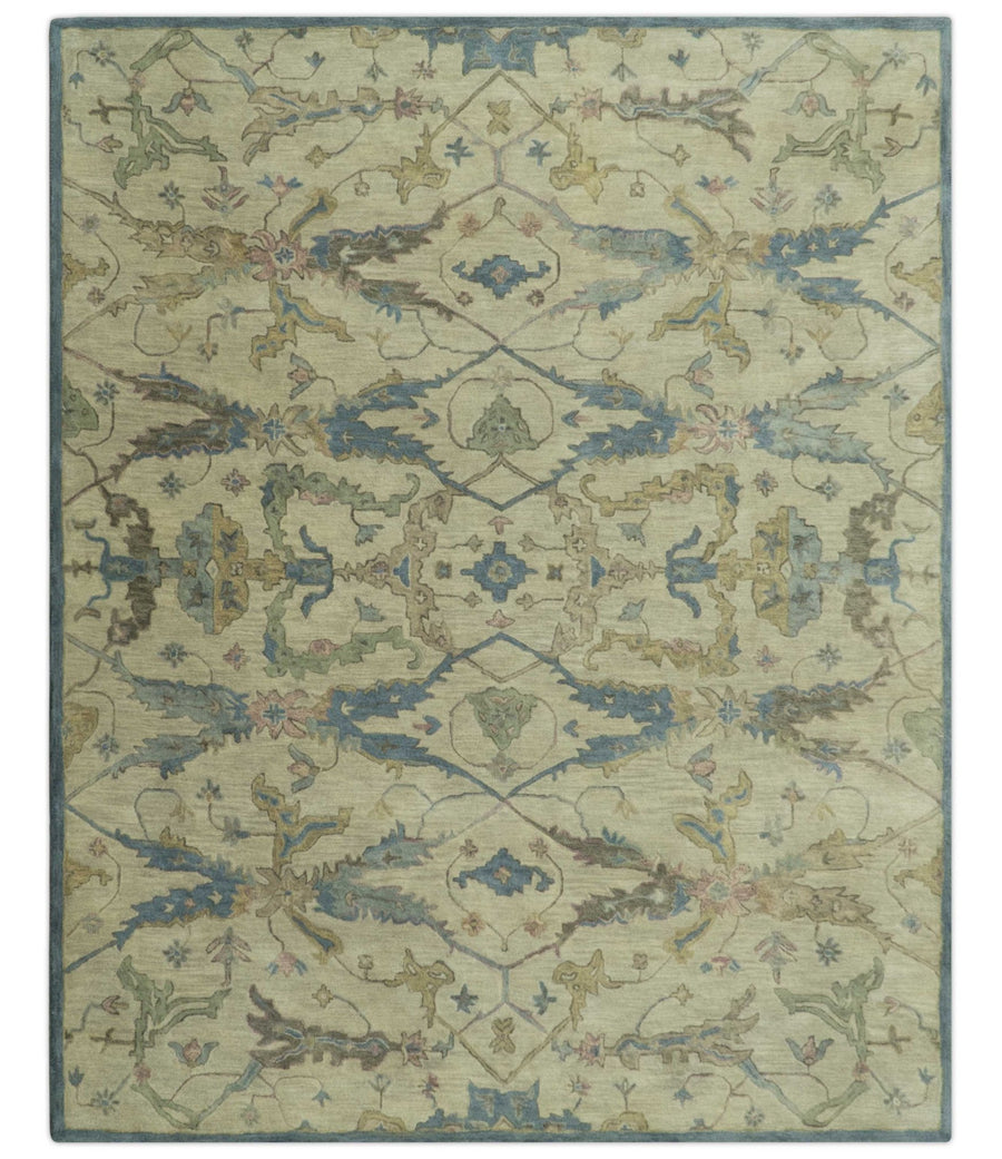 Traditional Oushak Design Beige And Blue Hand Tufted 8x10 Wool Area Rug - The Rug Decor