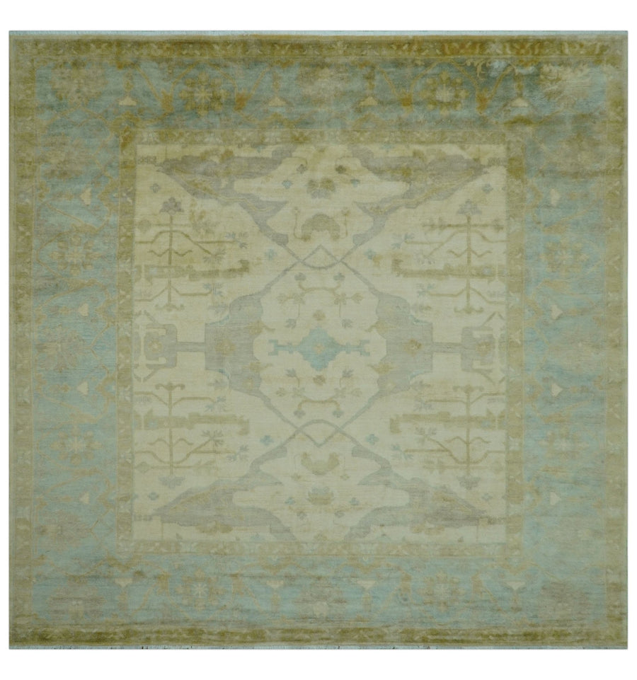 Traditional Oushak Design Blue And Beige Hand Knotted 10x10 Wool Area Rug - The Rug Decor