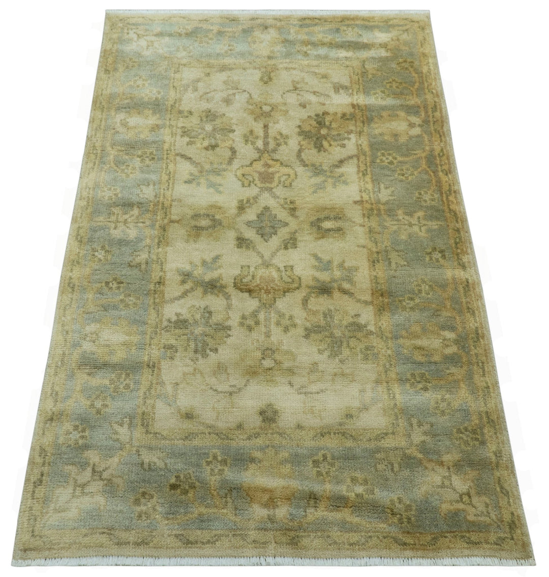 Traditional Oushak Design Blue And Beige Hand Knotted 3x5 Wool Area Rug - The Rug Decor