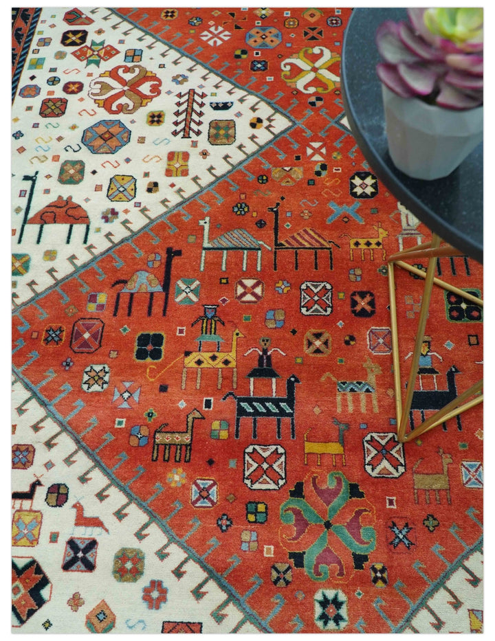 Traditional Tribal Rust And Ivory 8x11 Hand Knotted wool Area Rug - The Rug Decor