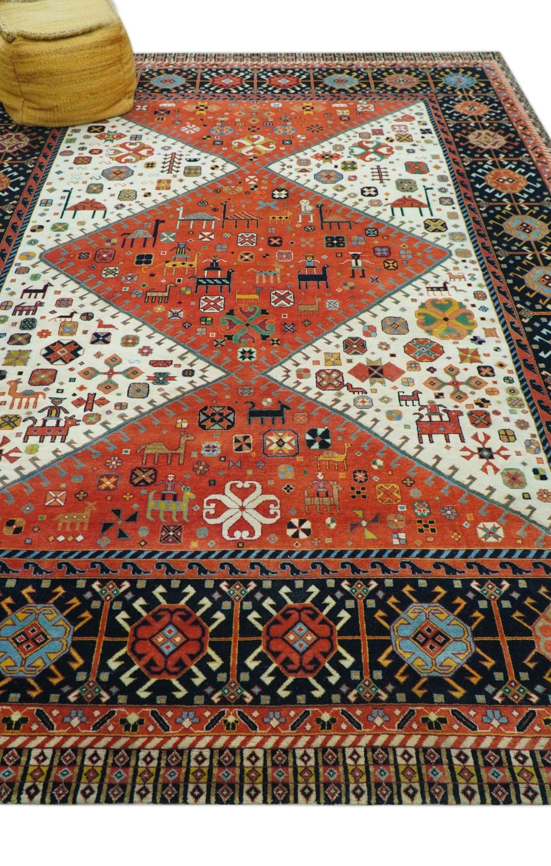 Traditional Tribal Rust And Ivory 8x11 Hand Knotted wool Area Rug - The Rug Decor