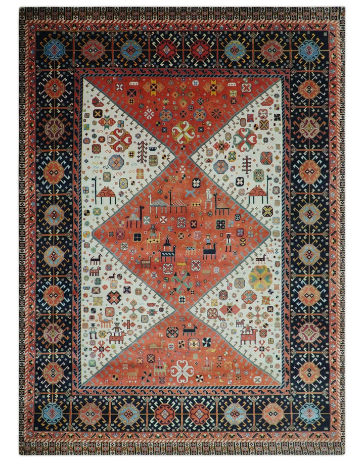Traditional Tribal Rust And Ivory 8x11 Hand Knotted wool Area Rug - The Rug Decor