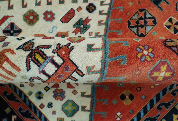 Traditional Tribal Rust And Ivory 8x11 Hand Knotted wool Area Rug - The Rug Decor