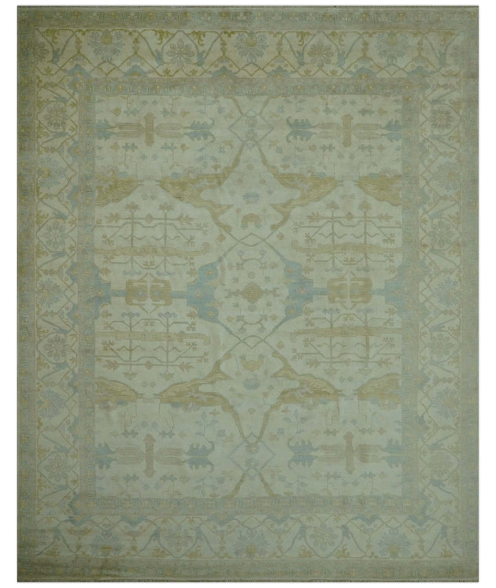 Traditional Turkish Oushak Design Beige And Blue Hand Knotted 12.4x15 Wool Area Rug - The Rug Decor