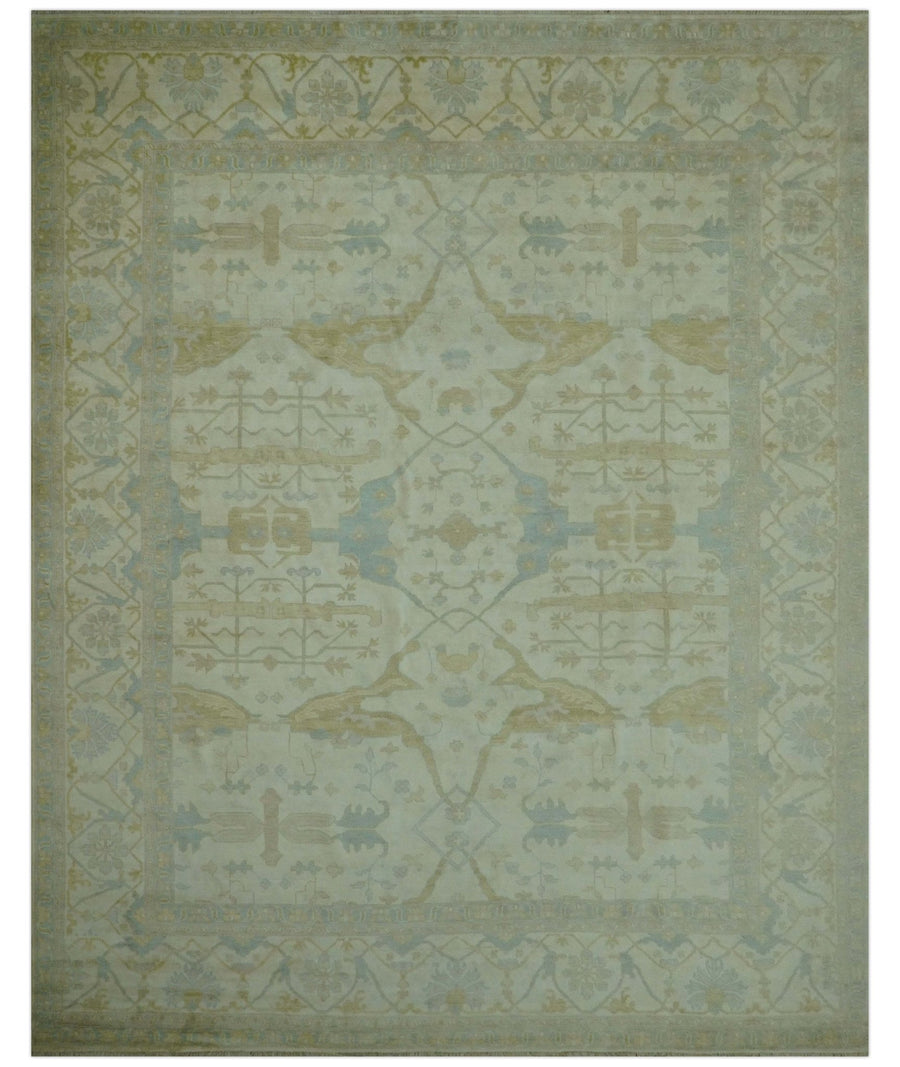 Traditional Turkish Oushak Design Beige And Blue Hand Knotted 12.4x15 Wool Area Rug - The Rug Decor