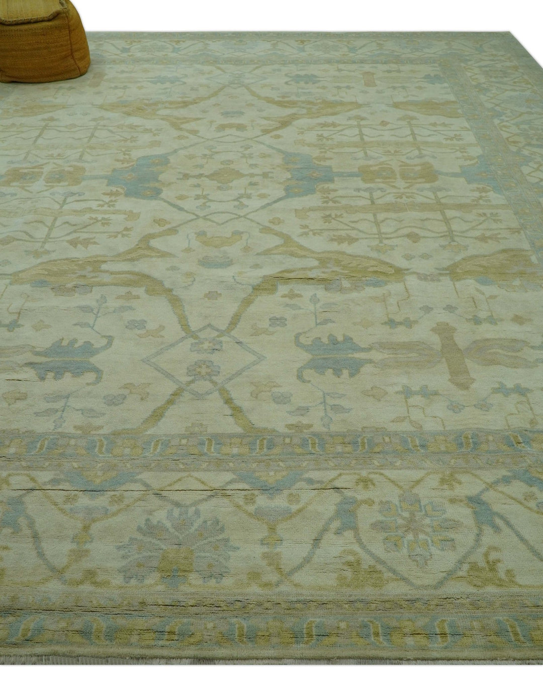 Traditional Turkish Oushak Design Beige And Blue Hand Knotted 12.4x15 Wool Area Rug - The Rug Decor