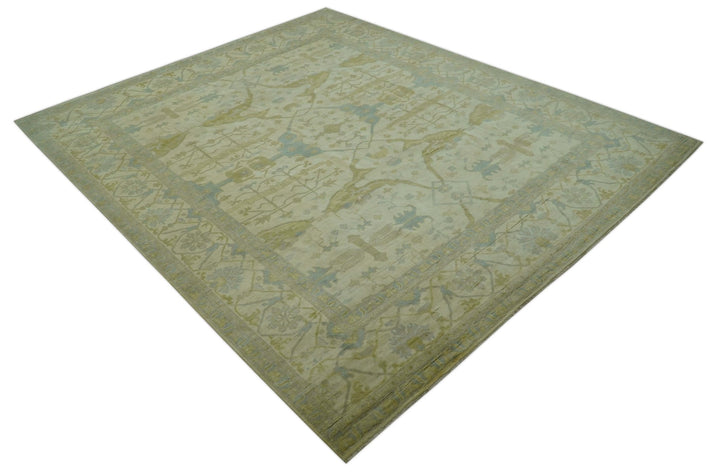 Traditional Turkish Oushak Design Beige And Blue Hand Knotted 12.4x15 Wool Area Rug - The Rug Decor
