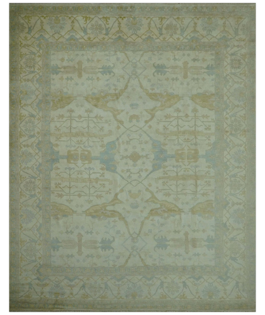 Traditional Turkish Oushak Design Beige And Blue Hand Knotted 12.4x15 Wool Area Rug - The Rug Decor